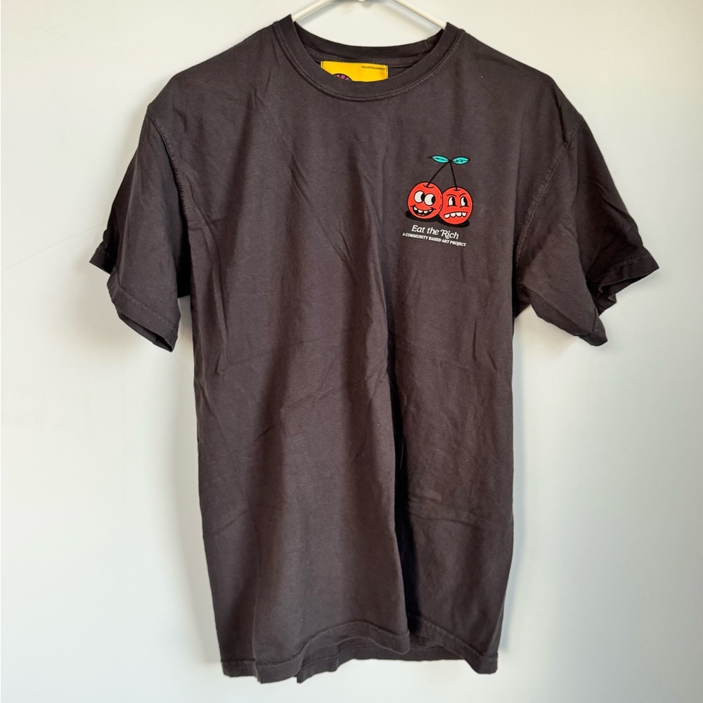 Lost Paradise Charcoal Grey “Eat The Rich” Tee with Cherry & Fruit Graphic Sz M